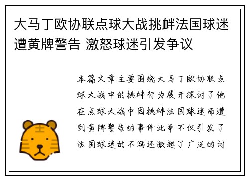 大马丁欧协联点球大战挑衅法国球迷遭黄牌警告 激怒球迷引发争议