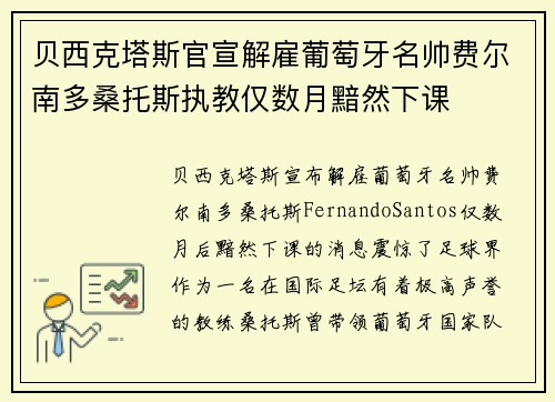 贝西克塔斯官宣解雇葡萄牙名帅费尔南多桑托斯执教仅数月黯然下课